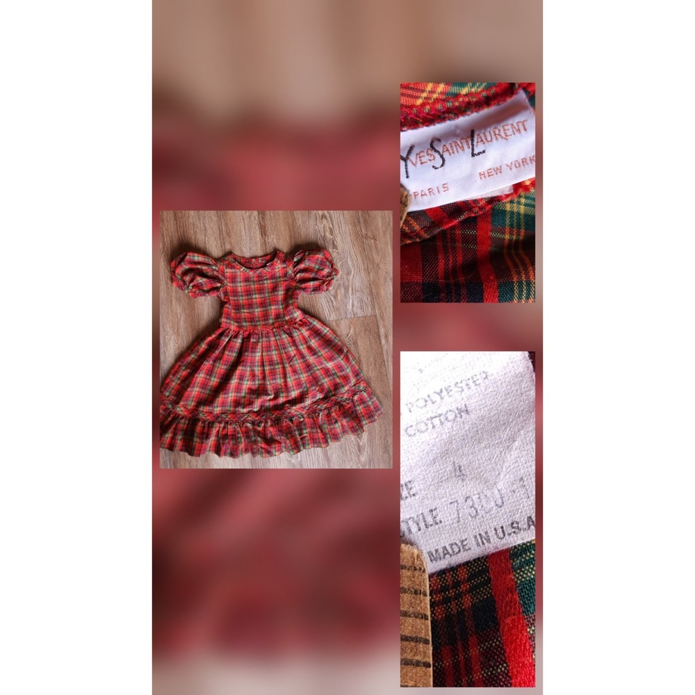 VTG Yves Saint Laurent Kids Dress 4 Red Green Plaid Holiday Cottagecore YSL